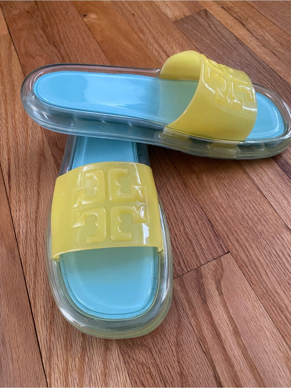 Tory Burch Bubble Jelly Slides. Island Blue and Yellow